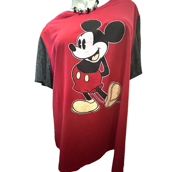 NWT Women’s Disney Mickey Mouse Red And Silver Sleeves T-Shirt in Size 1X 18 20 - Picture 2 of 12